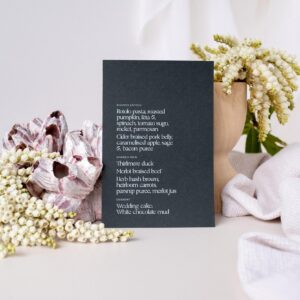 Printed menu, Soho semi-custom collection