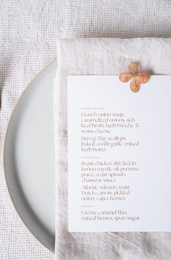 Printed menu, Soho semi-custom collection