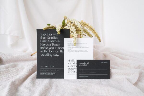 Soho semi-custom wedding stationery suite, styled