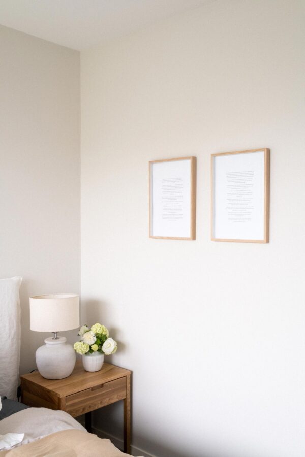 Pair of semi-custom wedding vow prints, framed and styled