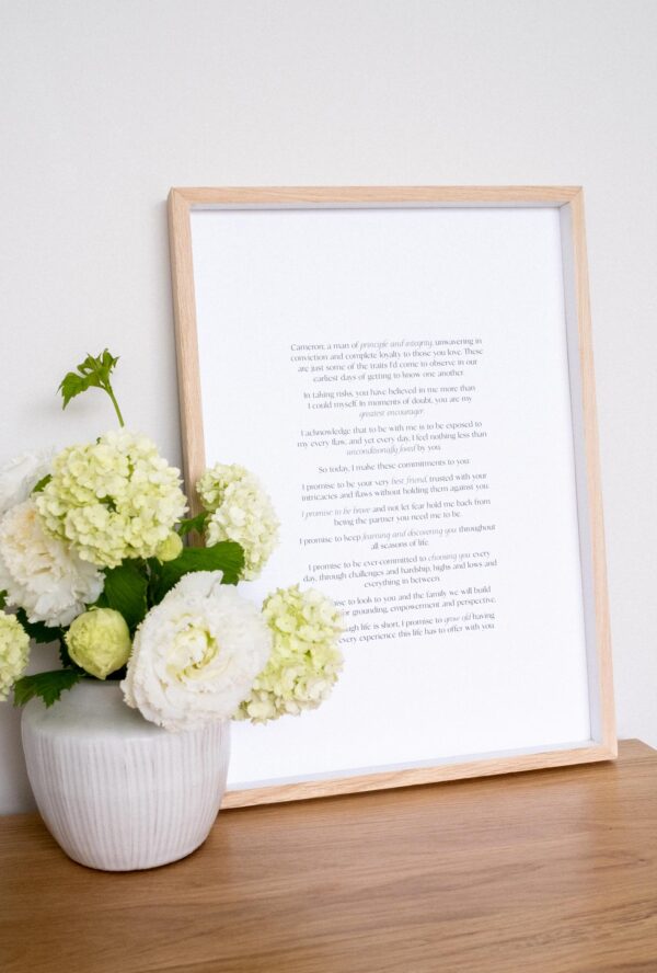 Semi-custom wedding vow print, framed and styled