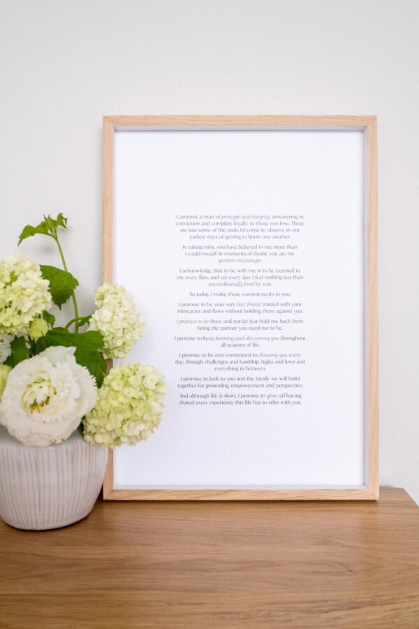 Semi-custom wedding vow print, framed and styled