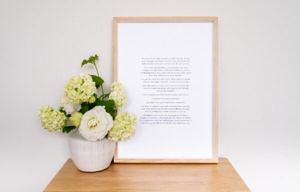 Semi-custom wedding vow print, framed and styled